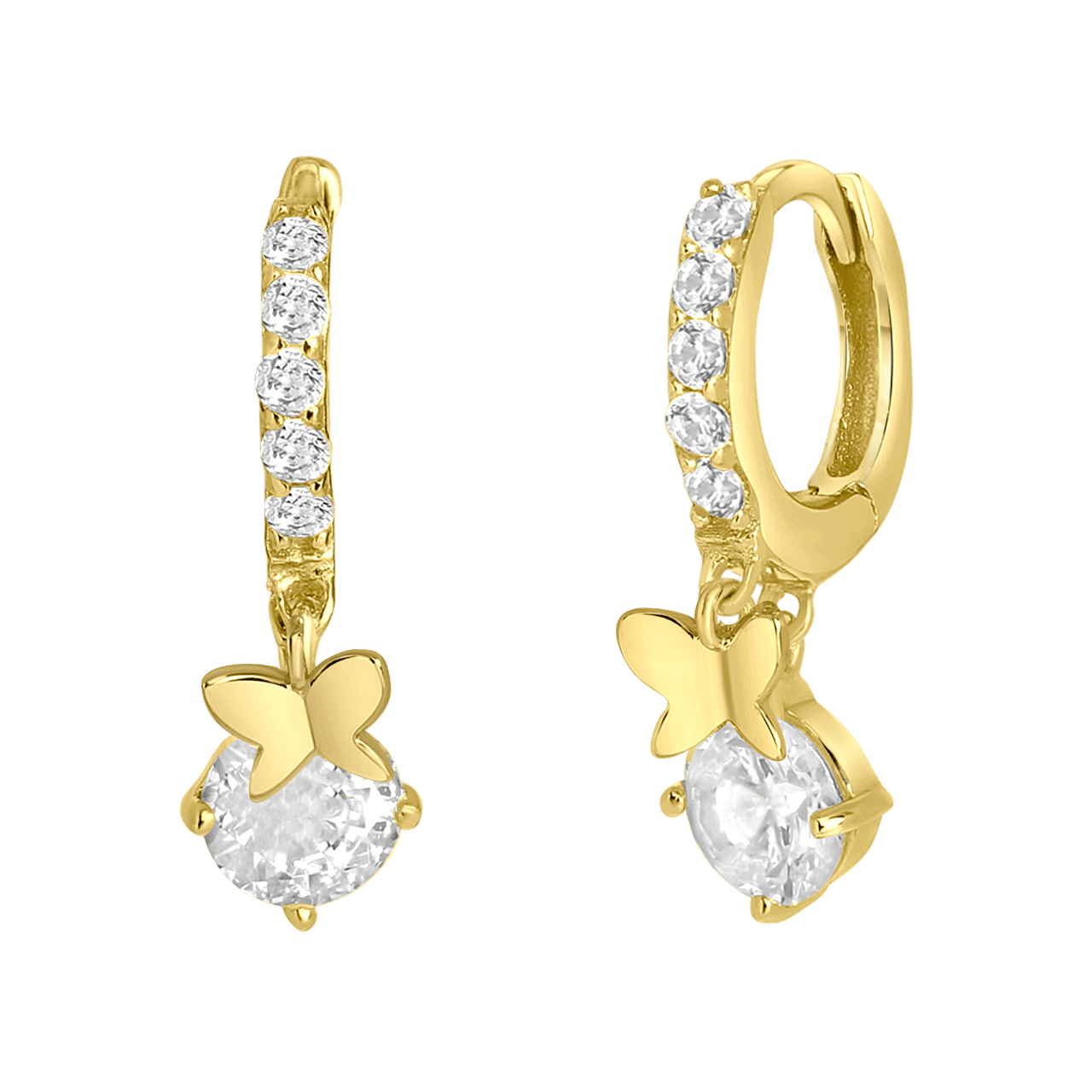 Zilveren goldplated kinderoorringen met hanger vlinder met zirkonia