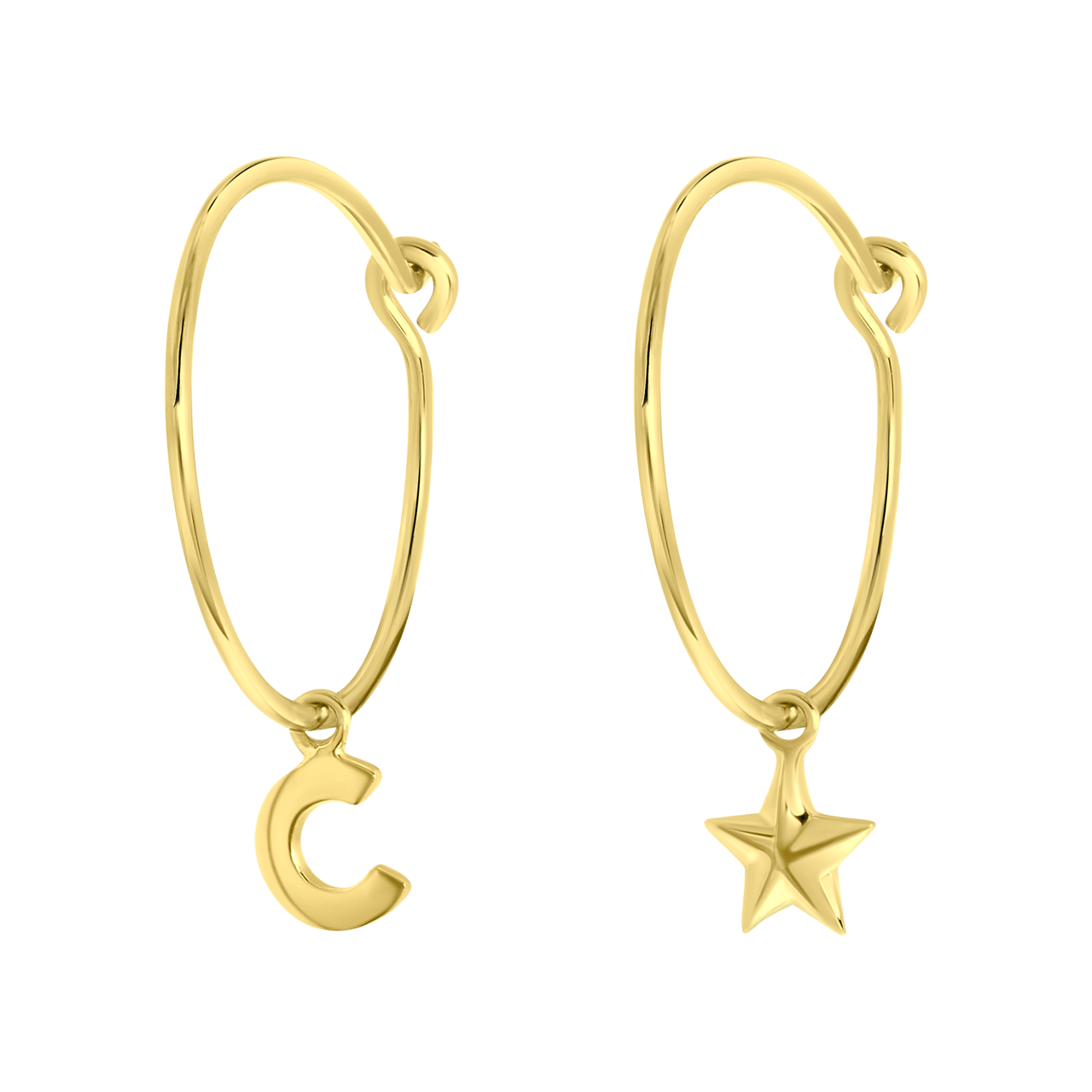 Zilveren goldplated kinderoorringen met letterhanger en ster