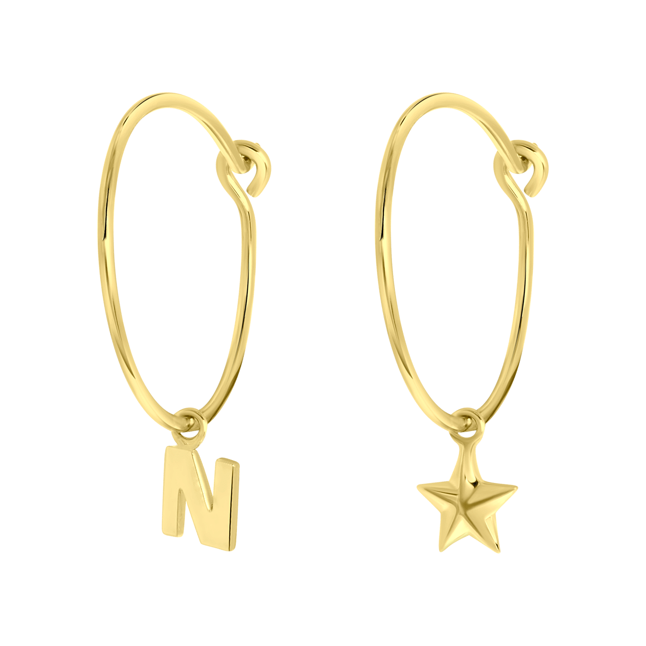 Zilveren goldplated kinderoorringen met letterhanger en ster