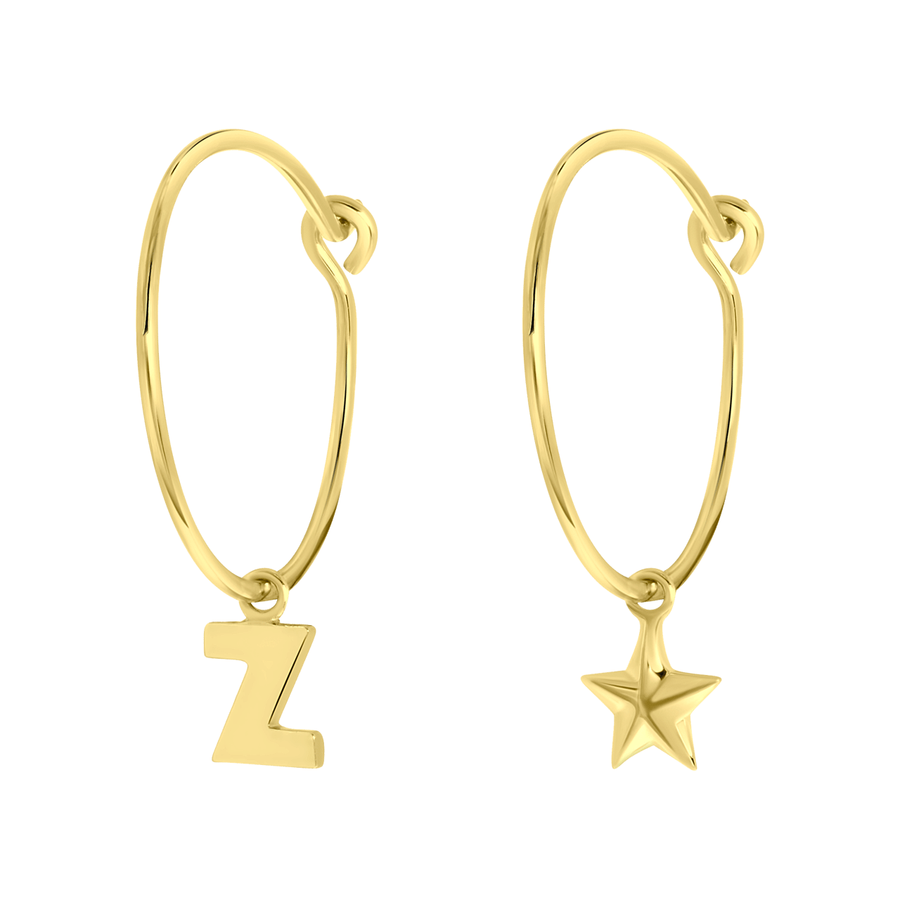 Zilveren goldplated kinderoorringen met letterhanger en ster
