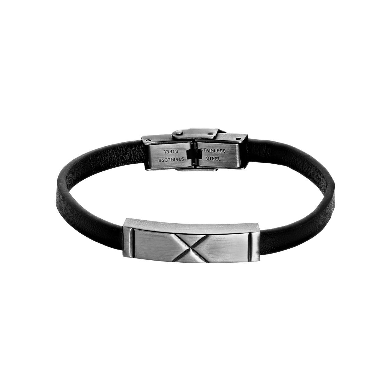 Plattenarmband für Jungen, Edelstahl, mit schwarzem Leder