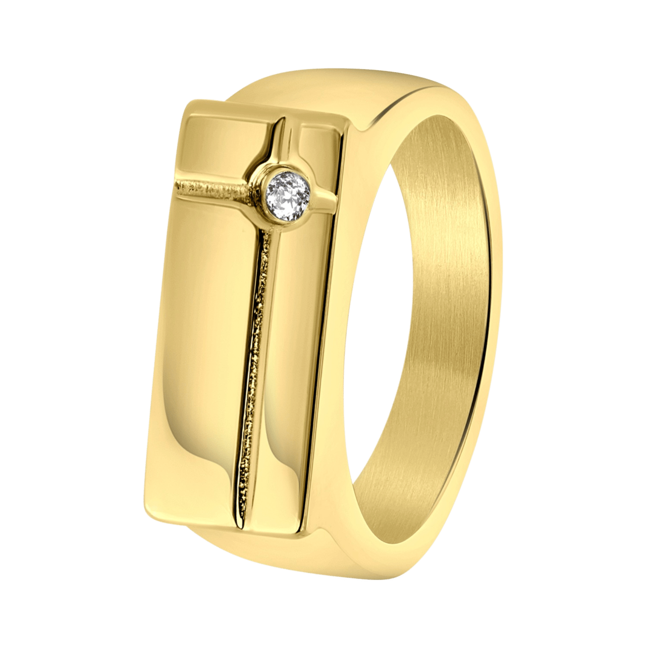 Stainless steel goldplated herenzegelring met zirkonia