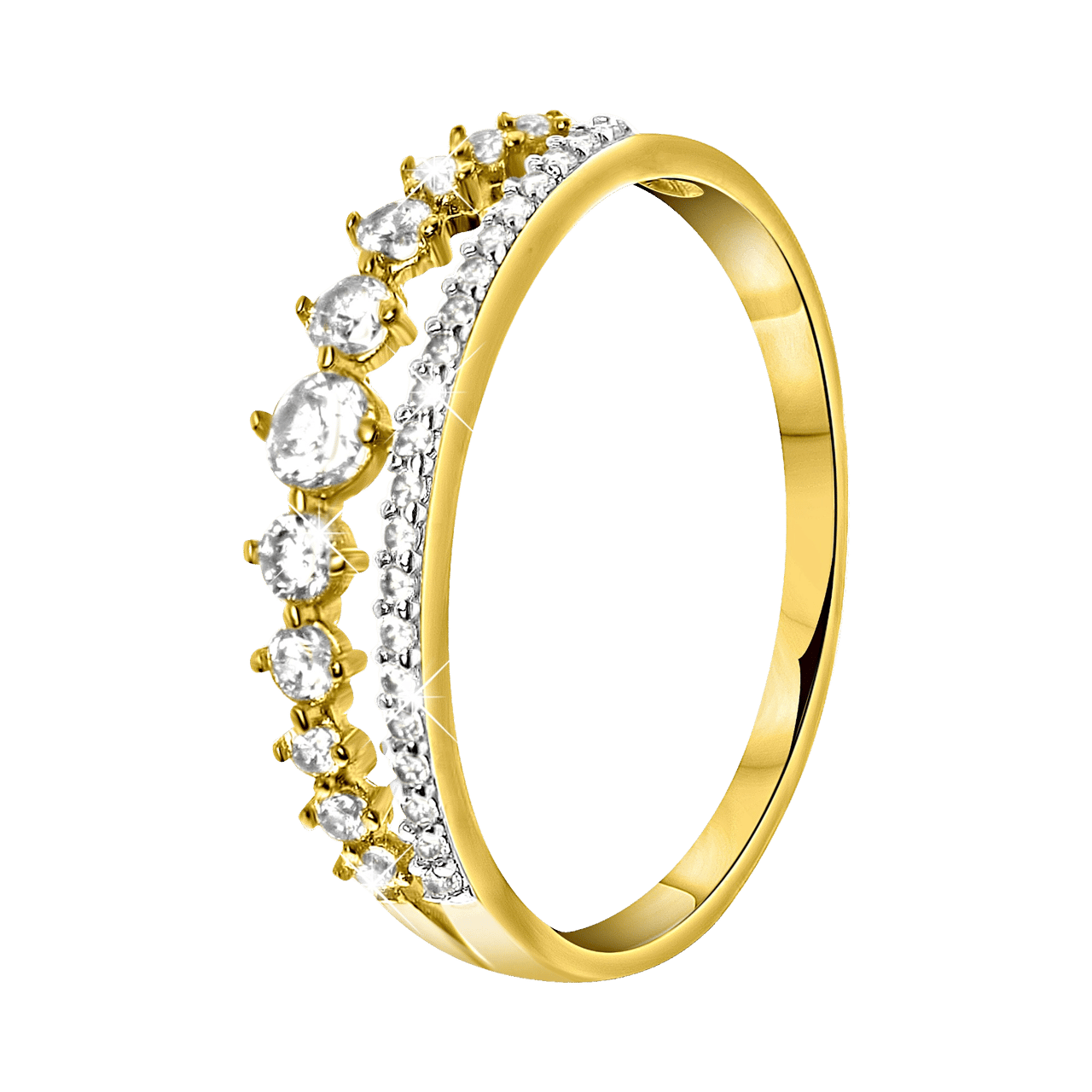 18 Karaat geelgouden ring 2rij met zirkonia