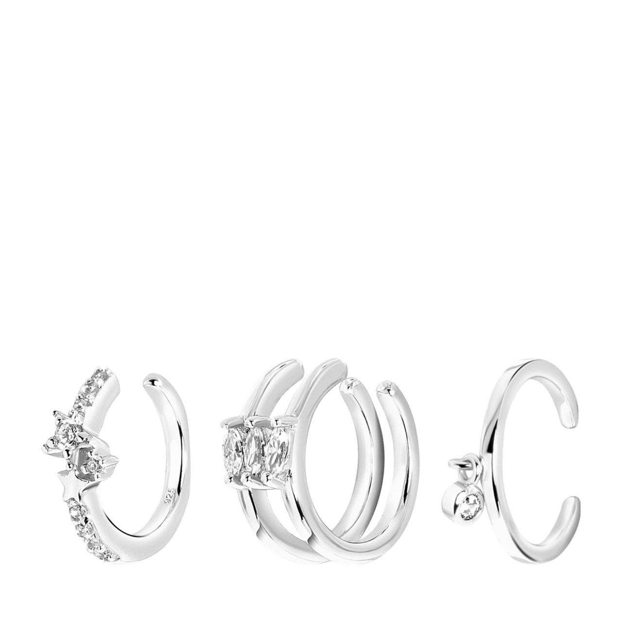 Zilveren set van 3 earcuffs met zirkonia