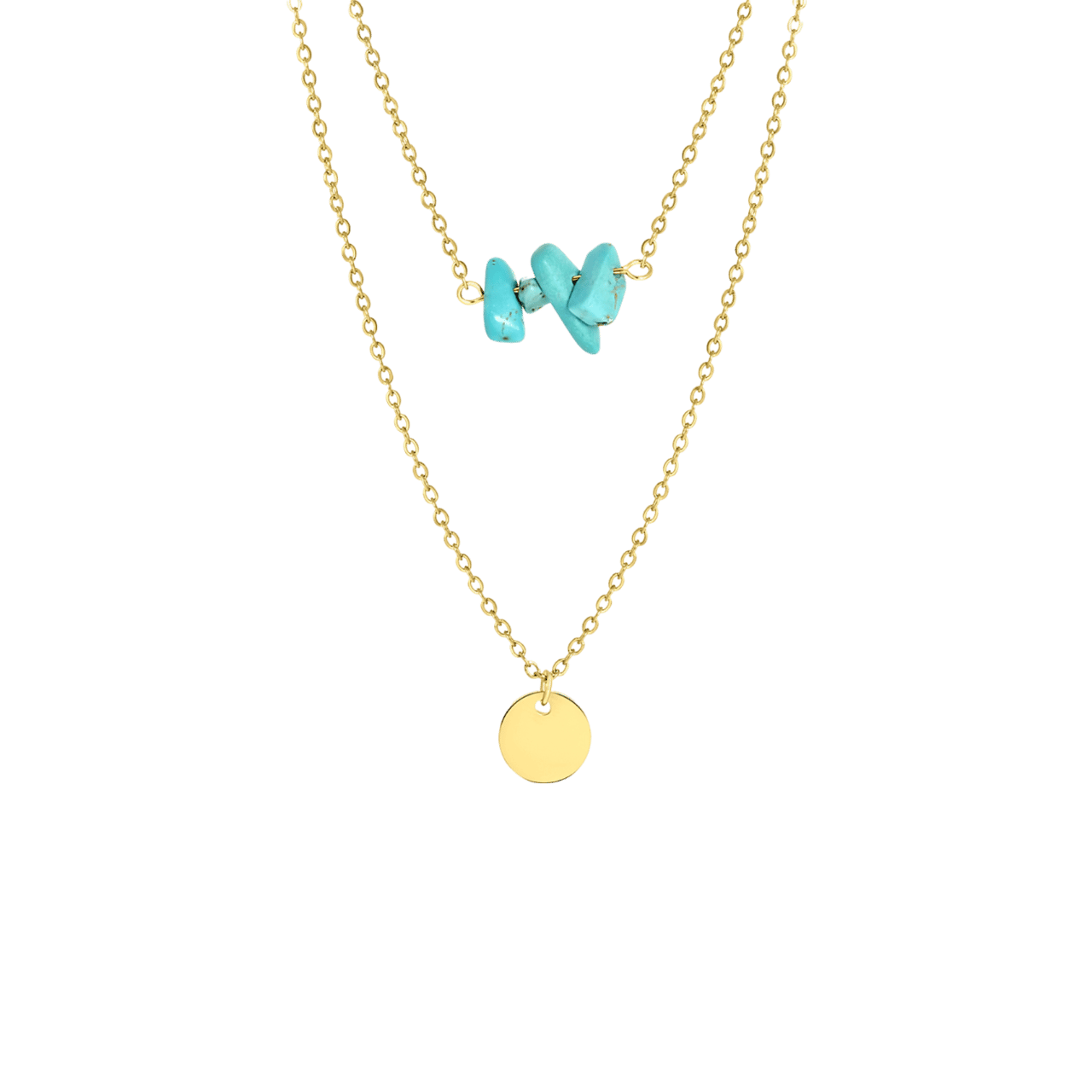 Stainless steel goldplated ketting met muntje en turquoise