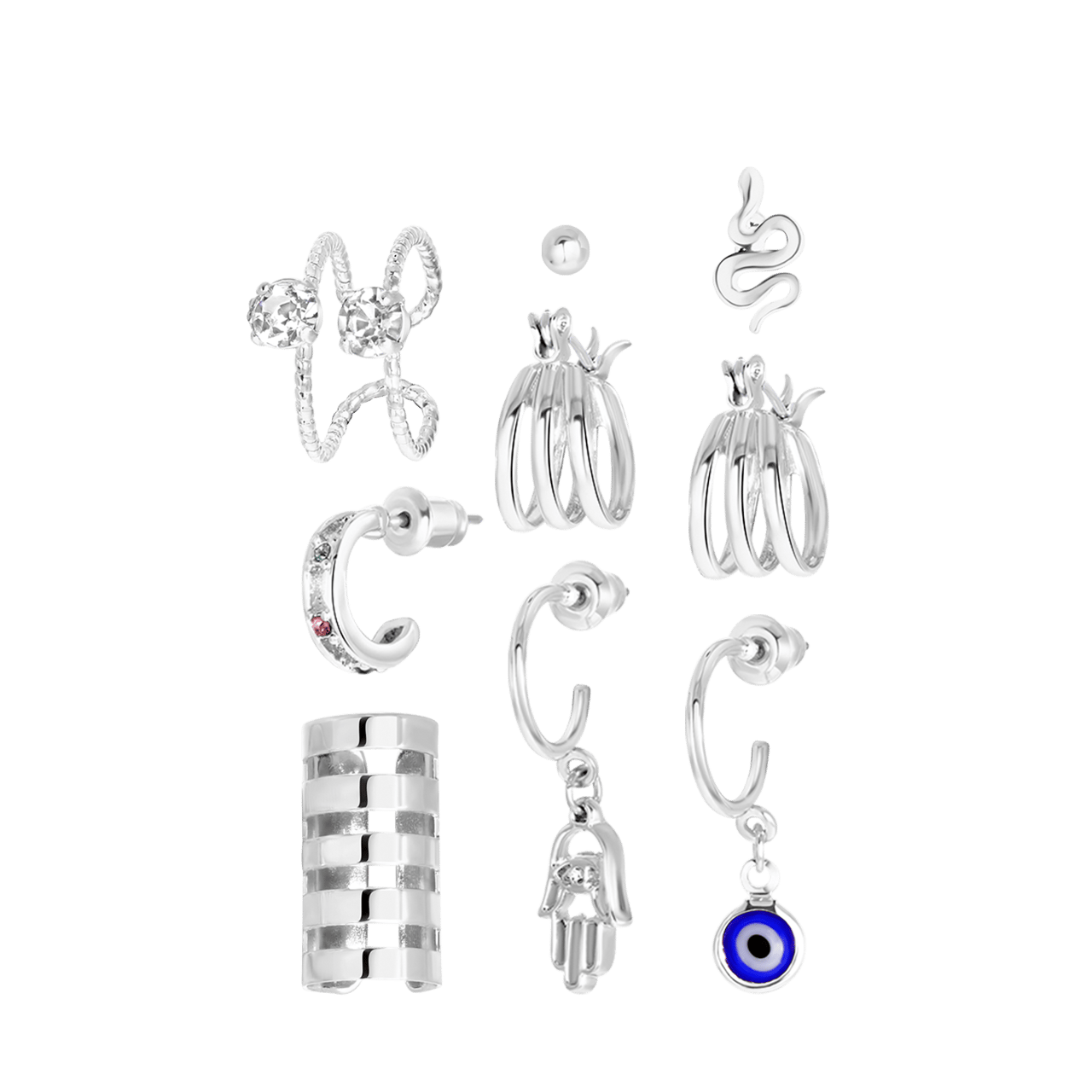 Zilverkleurige bijoux oorbellenset met earcuffs