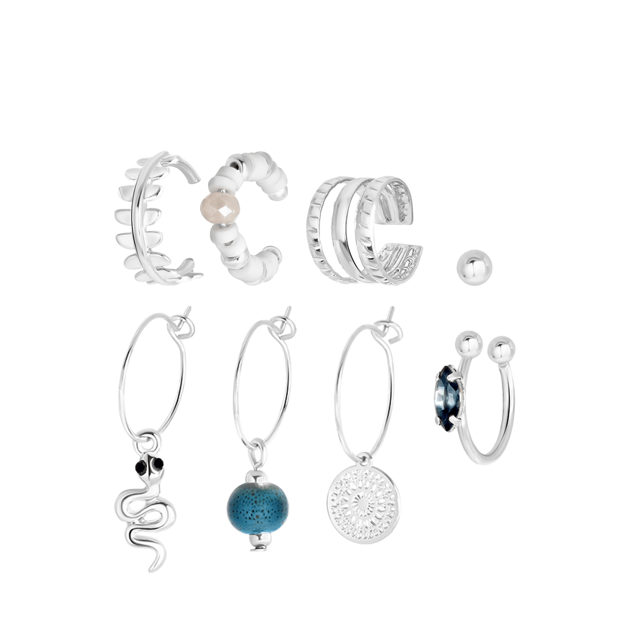 Zilverkleurige bijoux oorbellenset met earcuffs