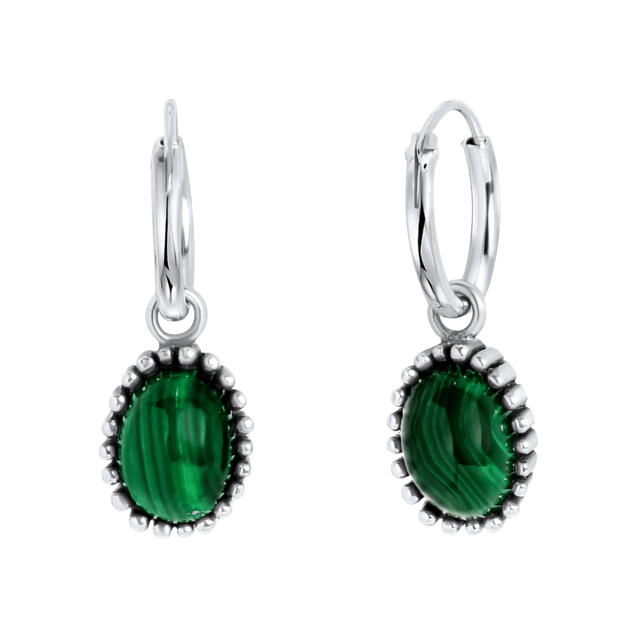 Zilveren oorringen met hanger Gemstone malachite