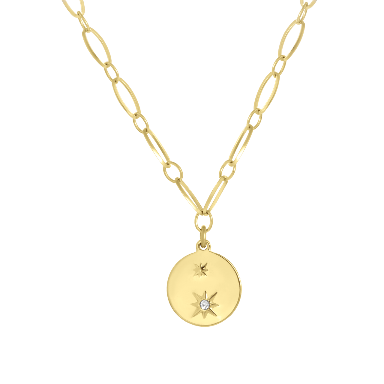Stalen goldplated ketting met hanger munt met zirkonia voor dames