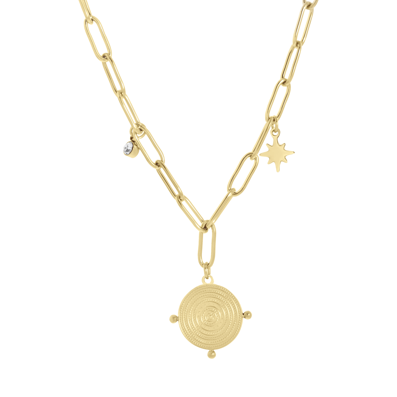 Stainless steel goldplated ketting met hanger munt met zirkonia voor dames
