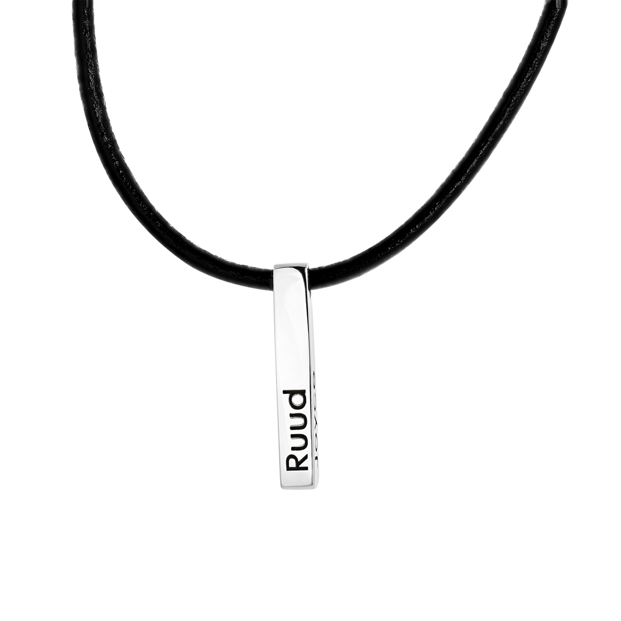 Stainless steel voor herenketting bar zwart leer met gravure