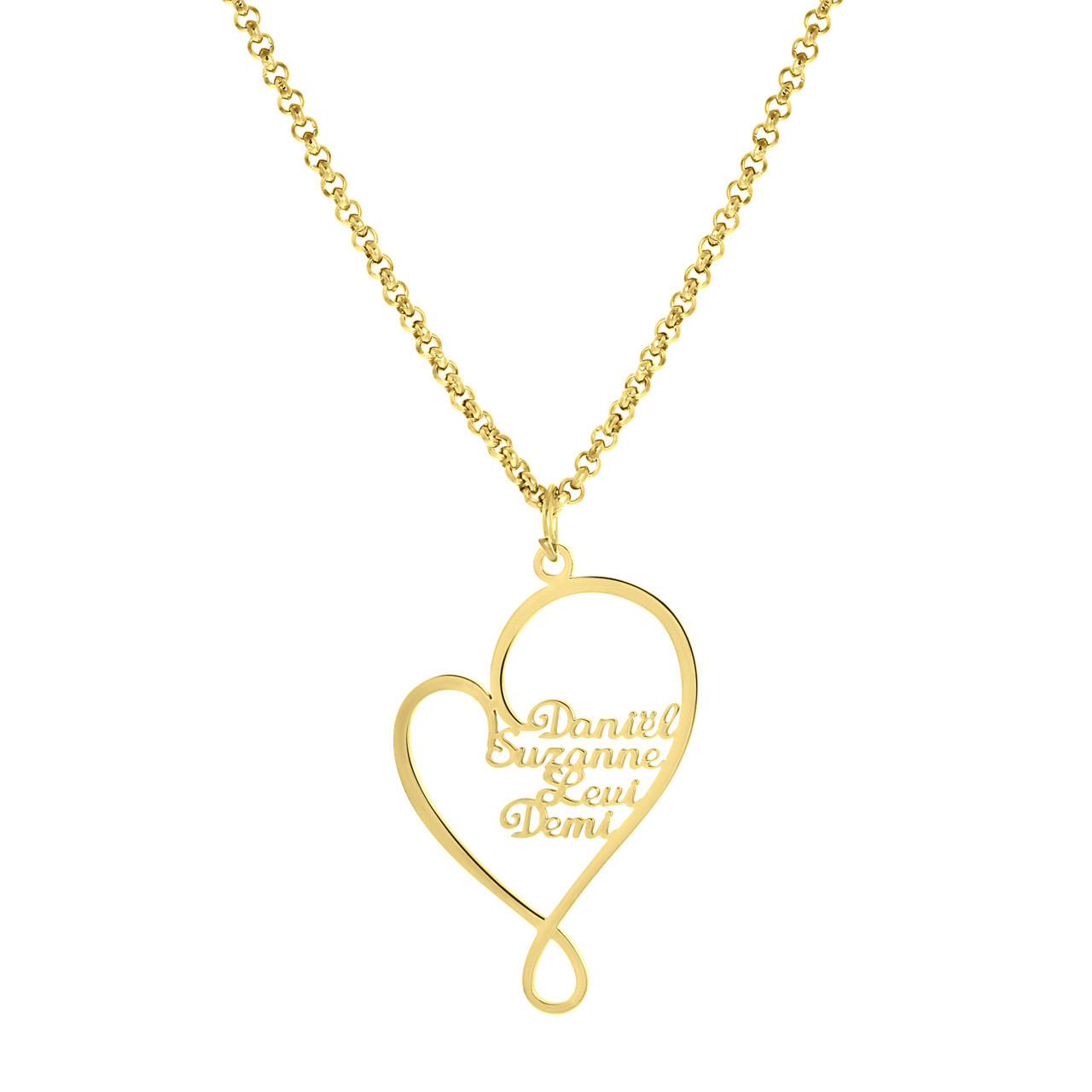 Stainless steel goldplated naamketting hart met 4 namen voor dames