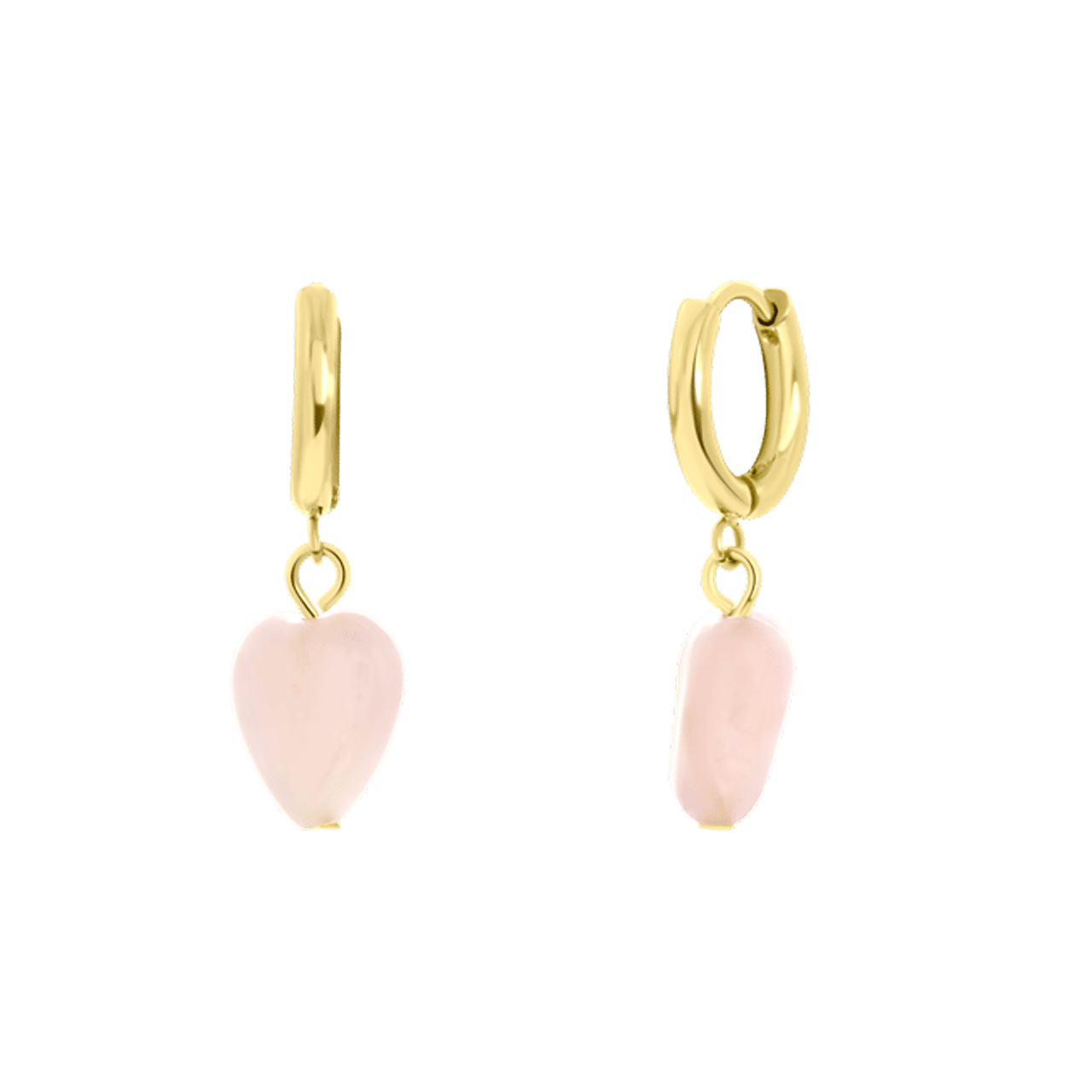 Stainless steel goldplated oorringen met hanger hart  met rozenkwarts voor dames