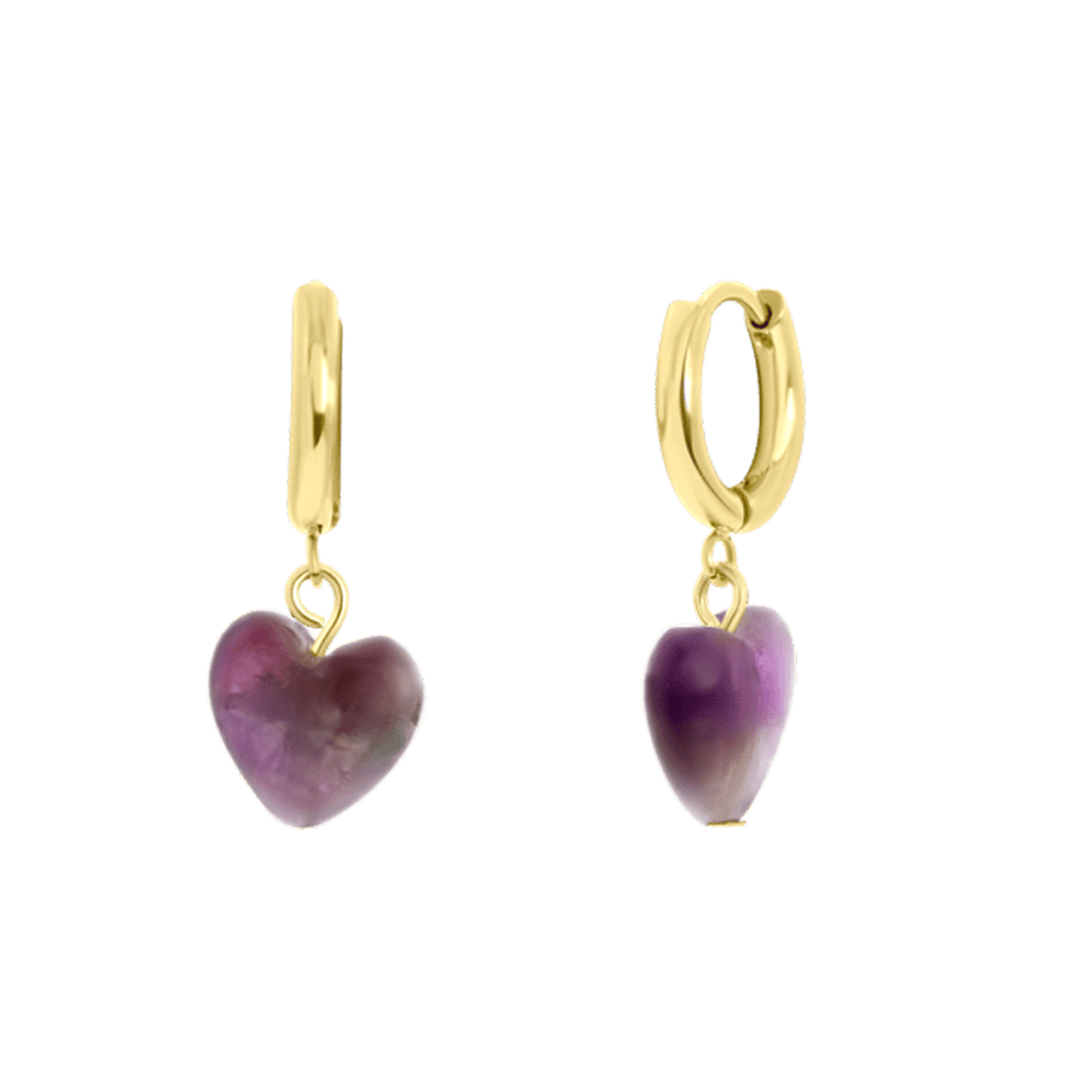 Stainless steel goldplated oorringen met hanger hart amethyst voor dames