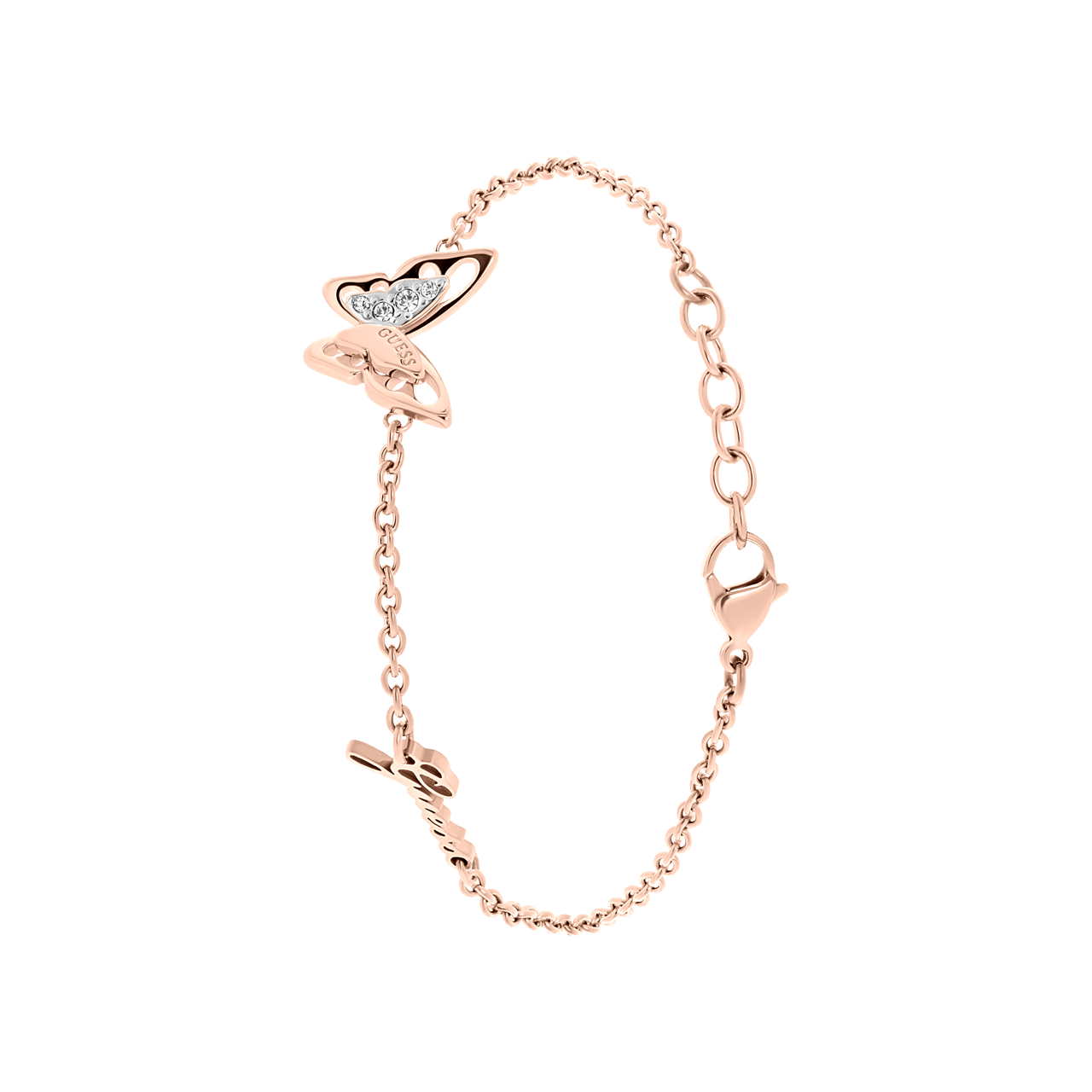 Guess-Armband, Edelstahl, rotvergoldet, Schmetterlingsanhänger, FLY AWAY