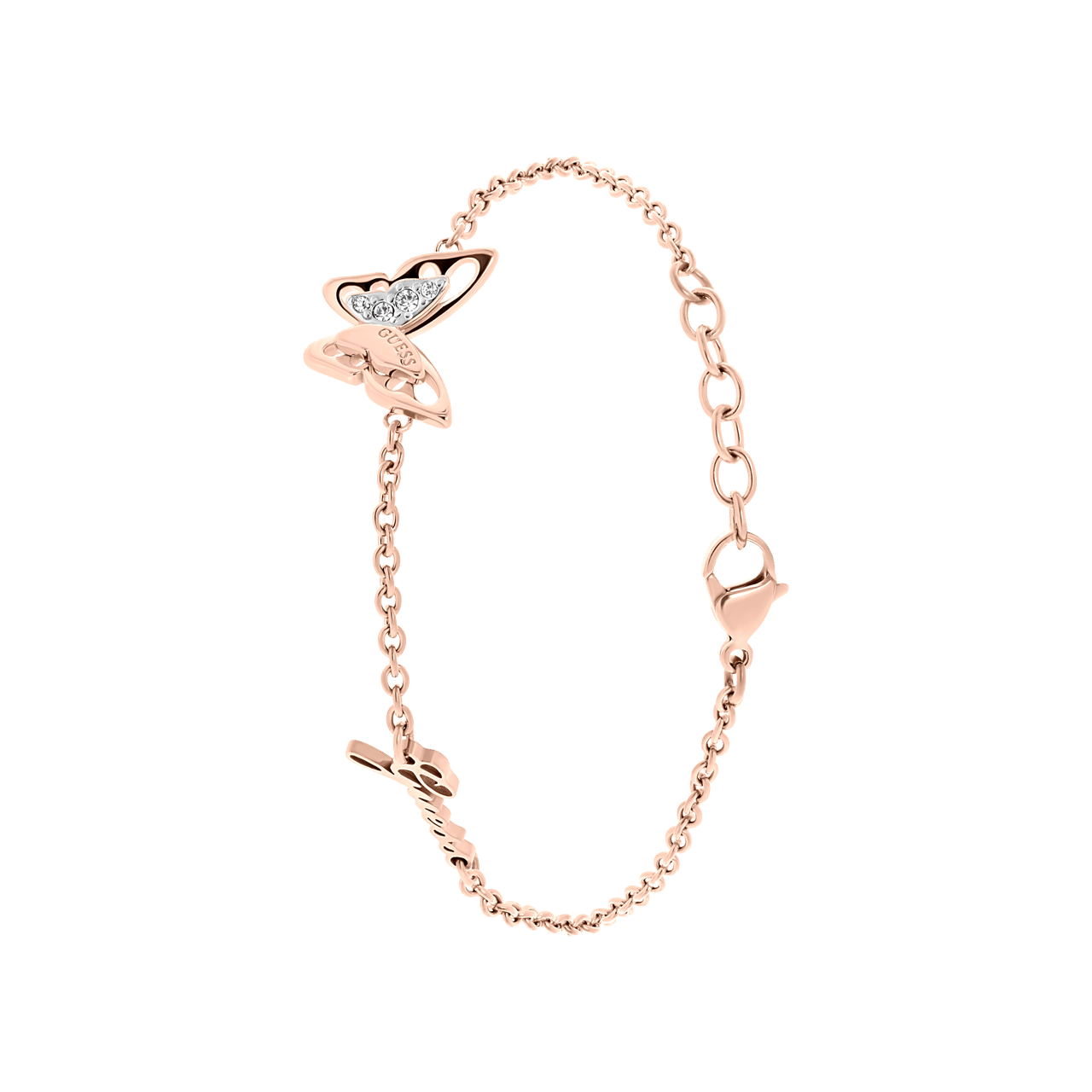Guess stainless steel roséplated fantasiearmband met hanger vlinder met kristal voor dames