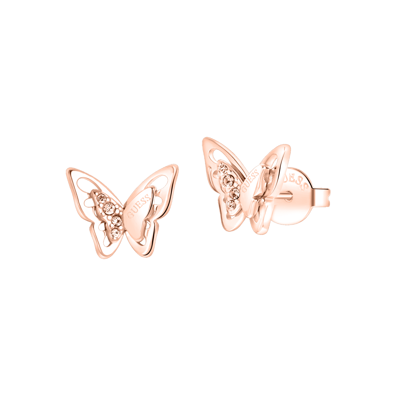Guess stalen roséplated oorknoppen vlinder met kristal voor dames