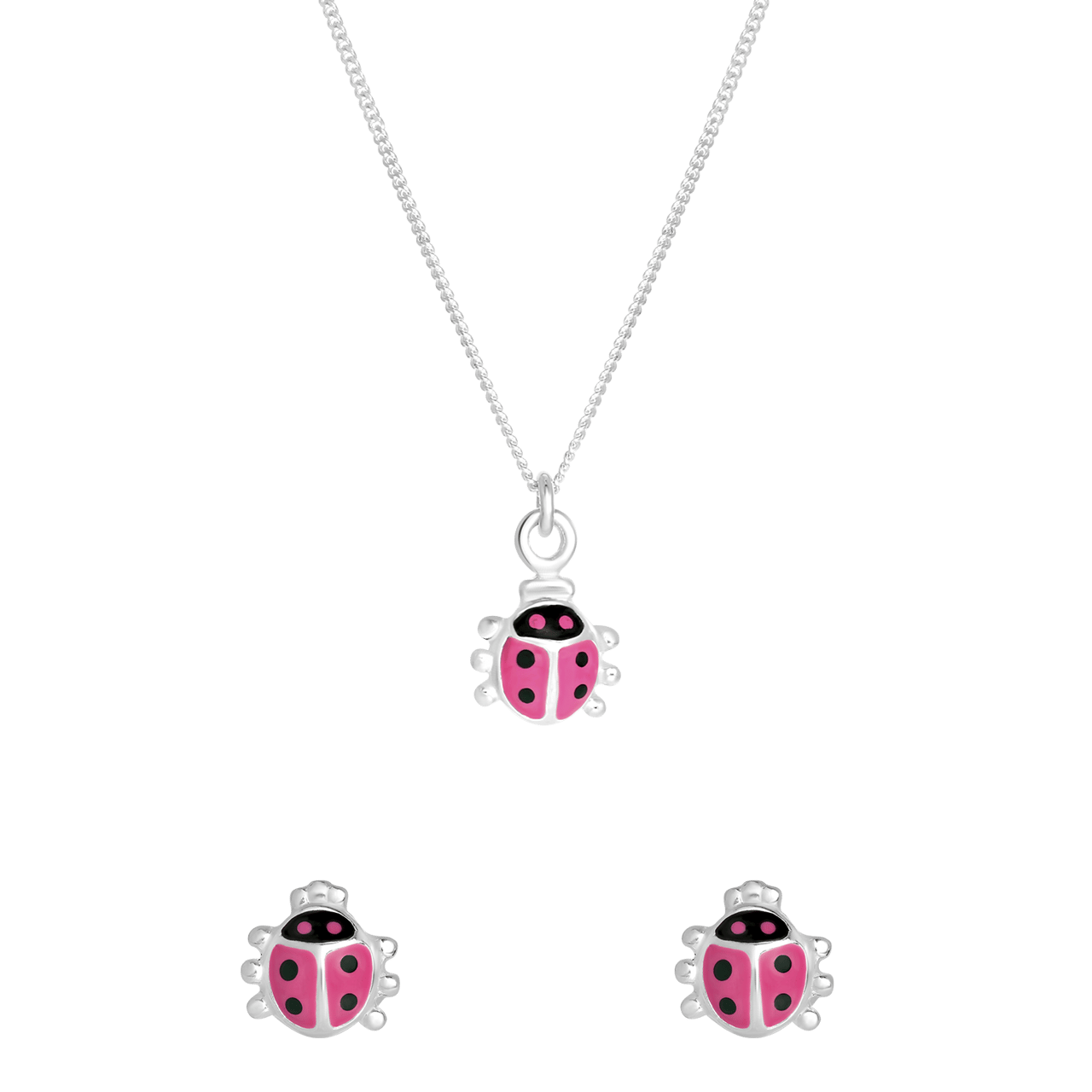 Zilveren set ketting en oorknoppen kever pink