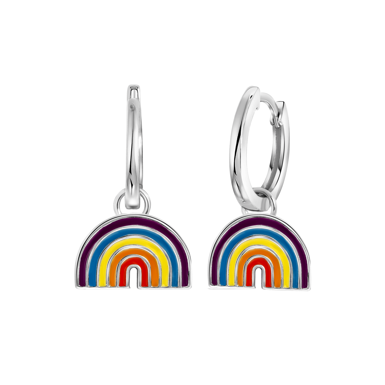 Zilveren oorringen met hanger enamel regenboog