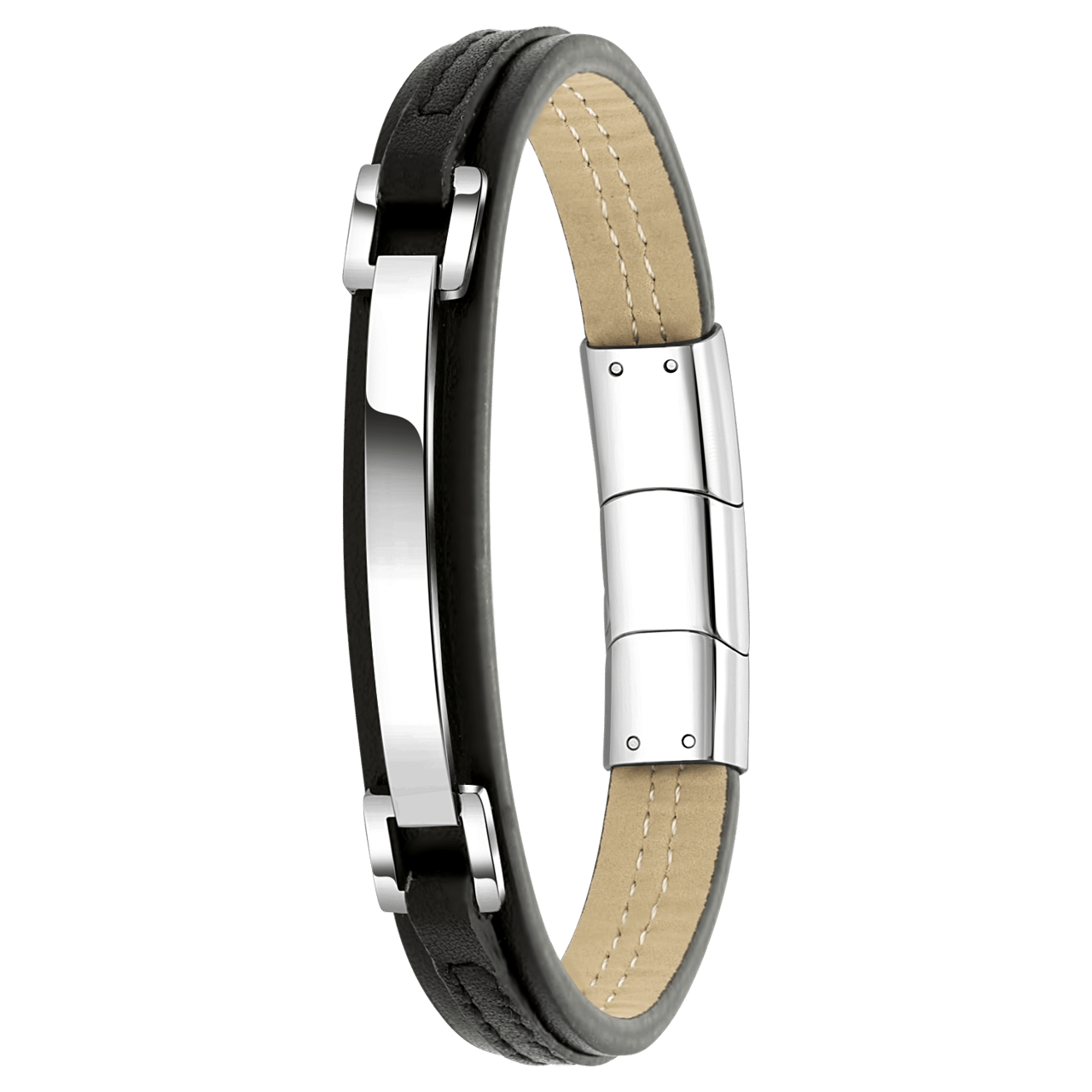 Zwart leren armband met gerecycled stainless steel plaat