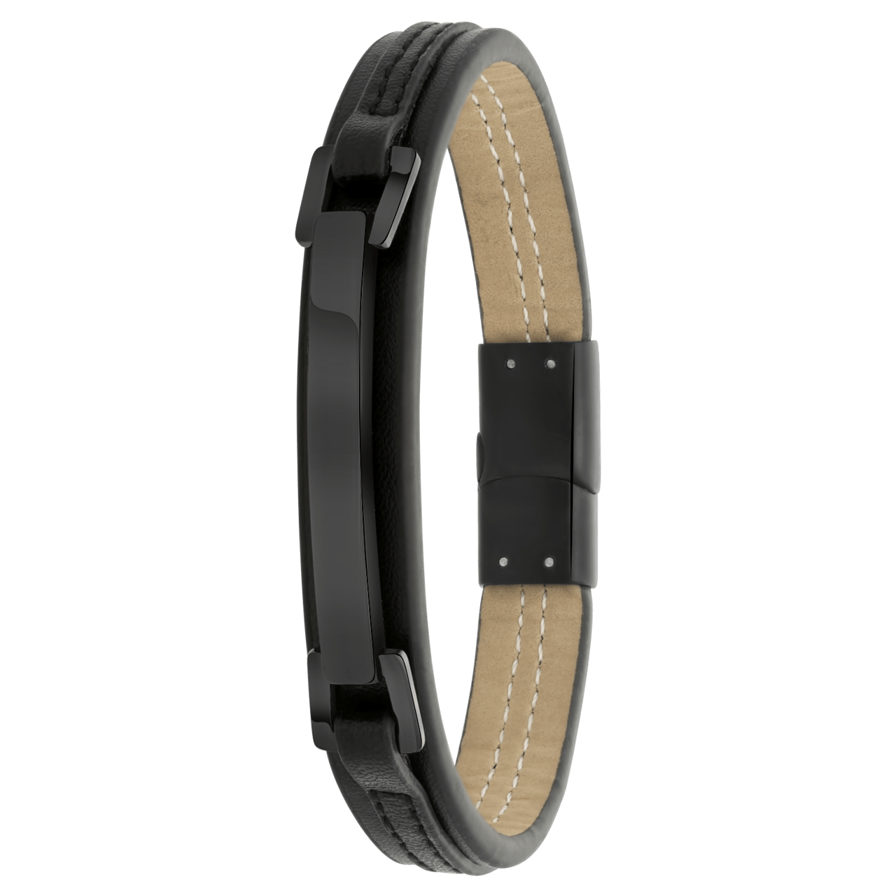 Zwart leren armband met gerecycled stainless steel plaat blackplated