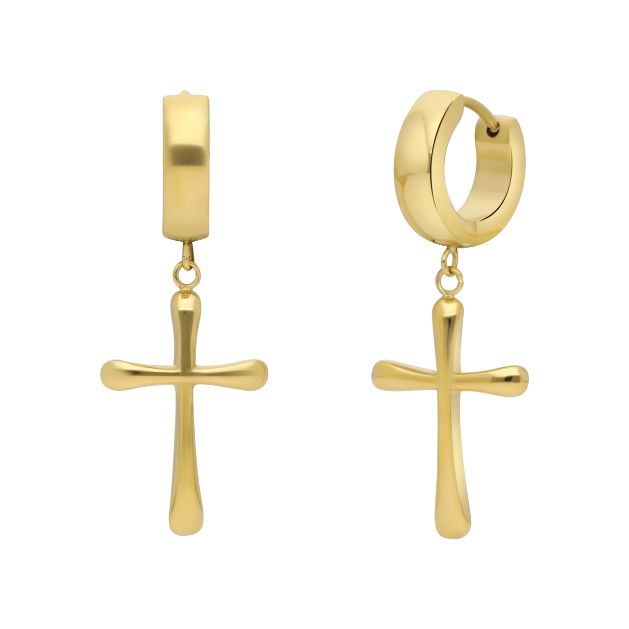 Gerecycleerd stalen goldplated heren oorringen met hanger kruis