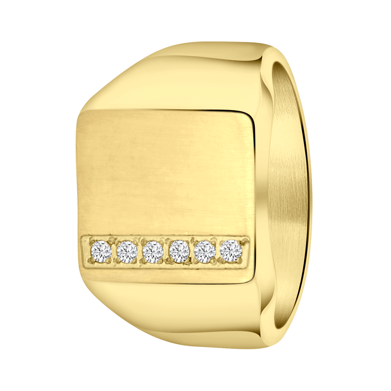Gerecycleerd stainless steel goldplated heren zegelring zirkonia