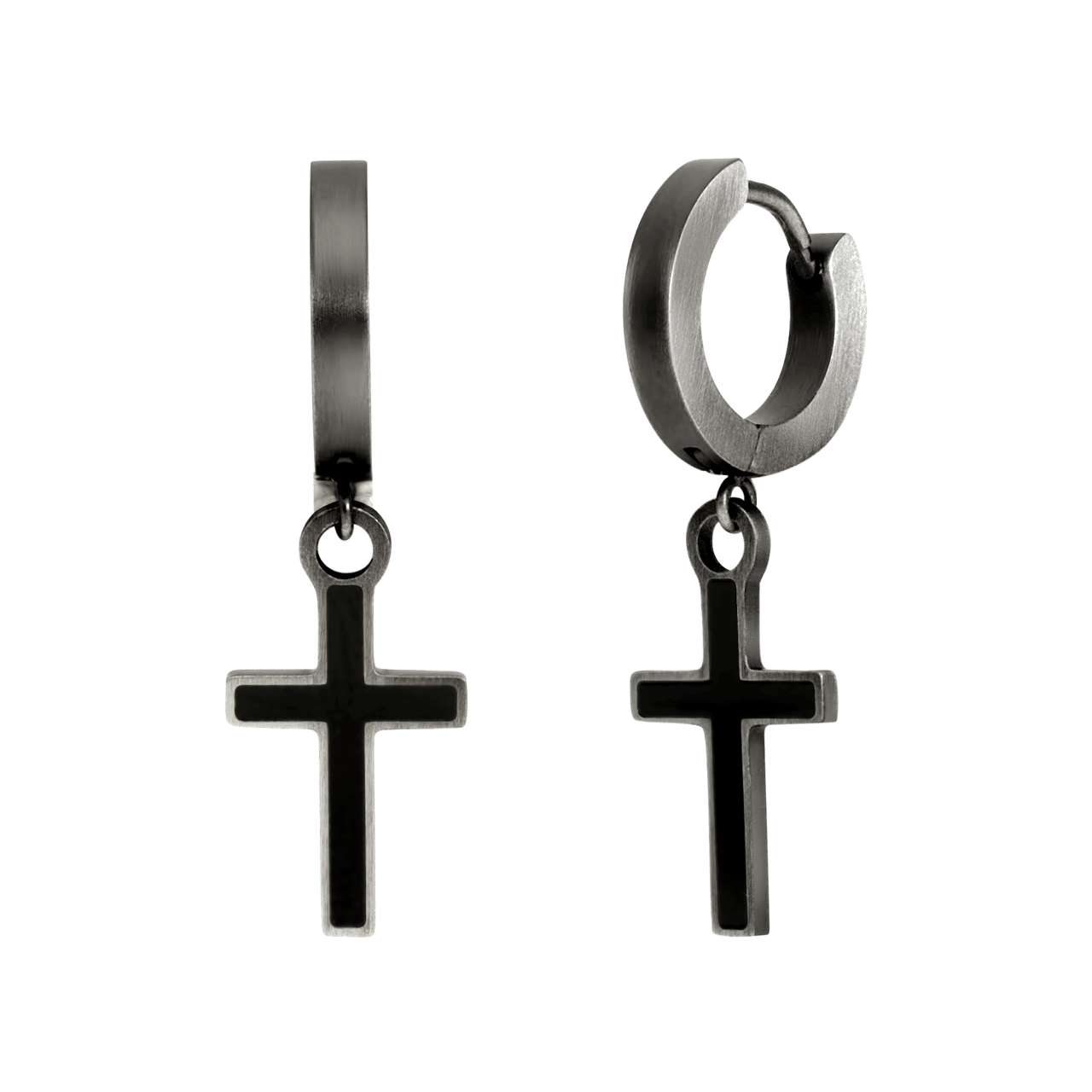 Gerecycled stainless steeloorringen hanger kruis anique finish voor heren