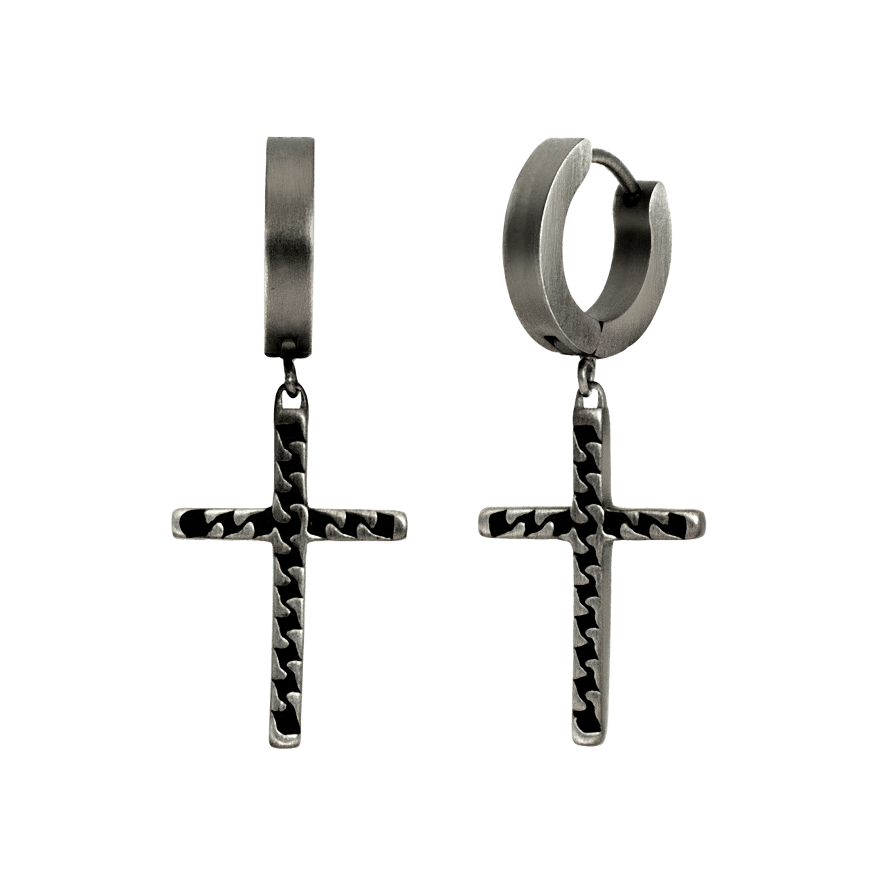 Gerecycled stalen heren oorringen hanger kruis antique finish