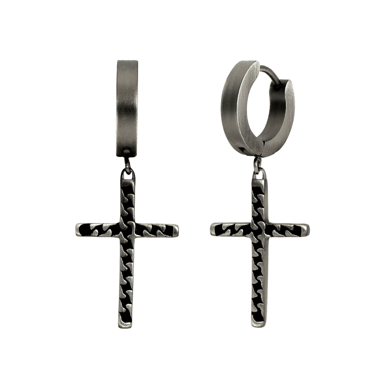 Gerecycleerd stainless steel heren oorringen hanger kruis antique finish