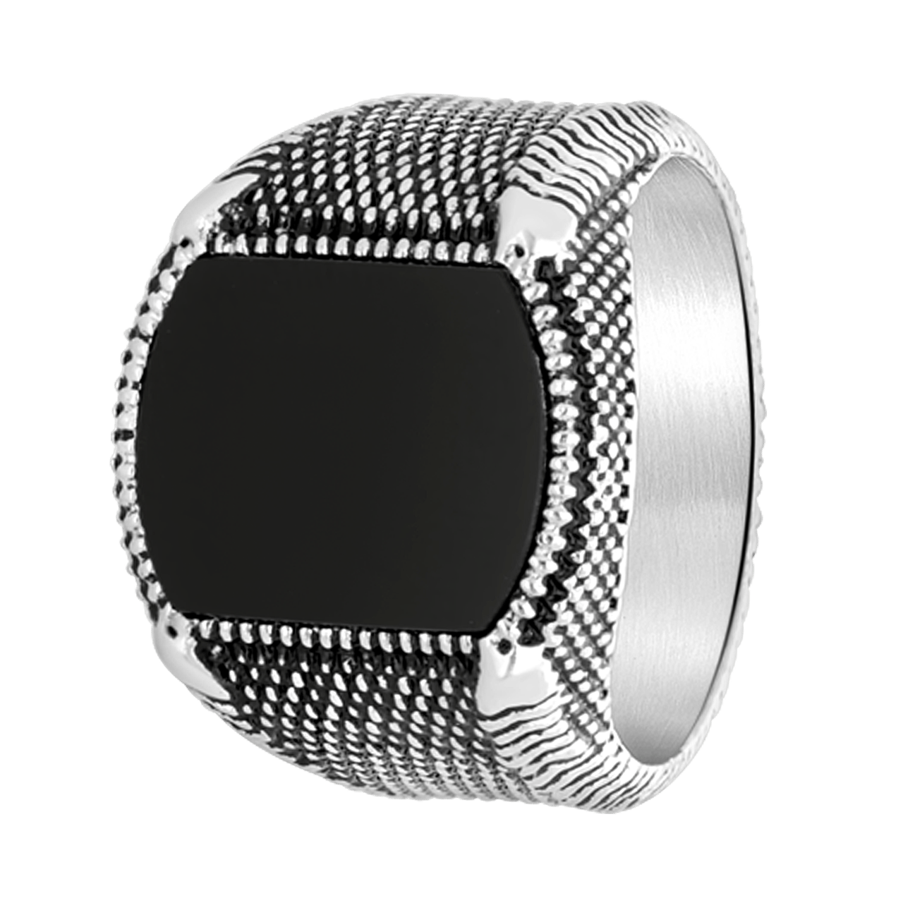 Gerecycled stainless steel heren zegelring zwart agaat