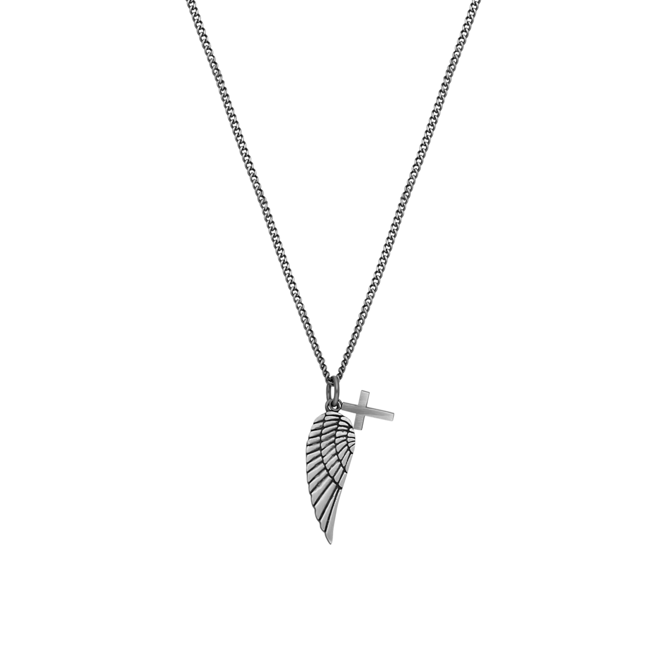 Gerecycleerd stainless steel herenketting met hanger vleugel en kruis
