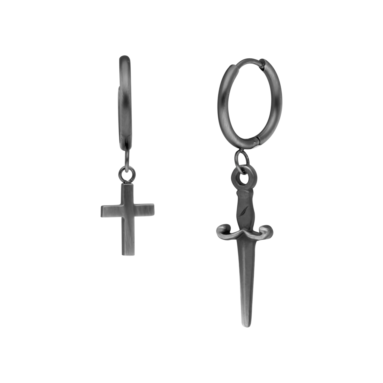 Gerecycled stainless steeloorringen met hanger zwaard en kruis voor heren