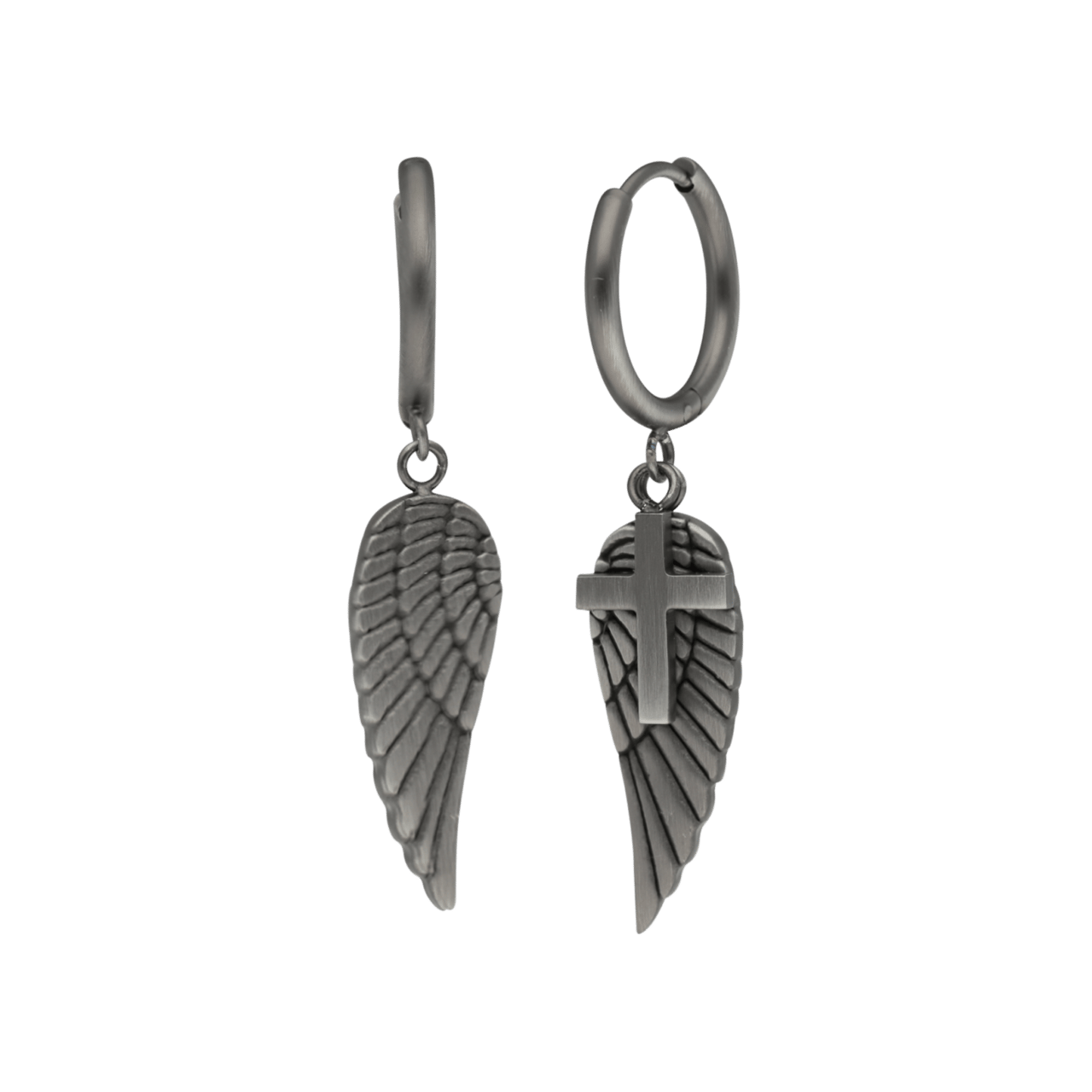 Gerecycled stainless steeloorringen met hanger vleugel en kruis voor heren