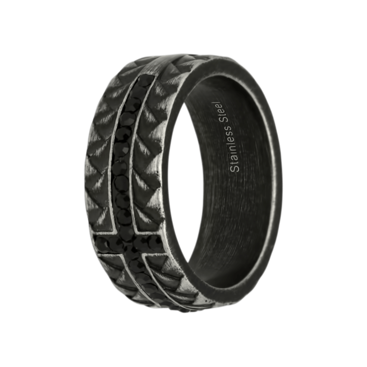 Herrenring, Edelstahl, Struktur, mit Zirkonia, schwarz