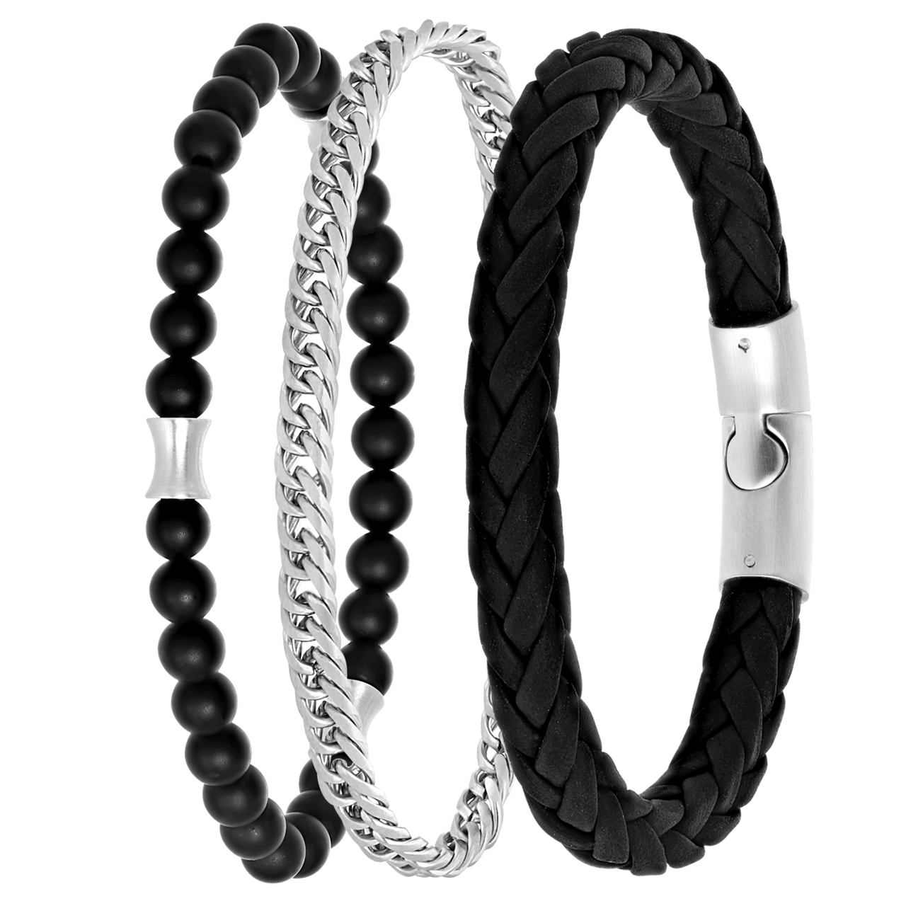 Gerecycled stainless steel set met drie herenarmbanden zwart