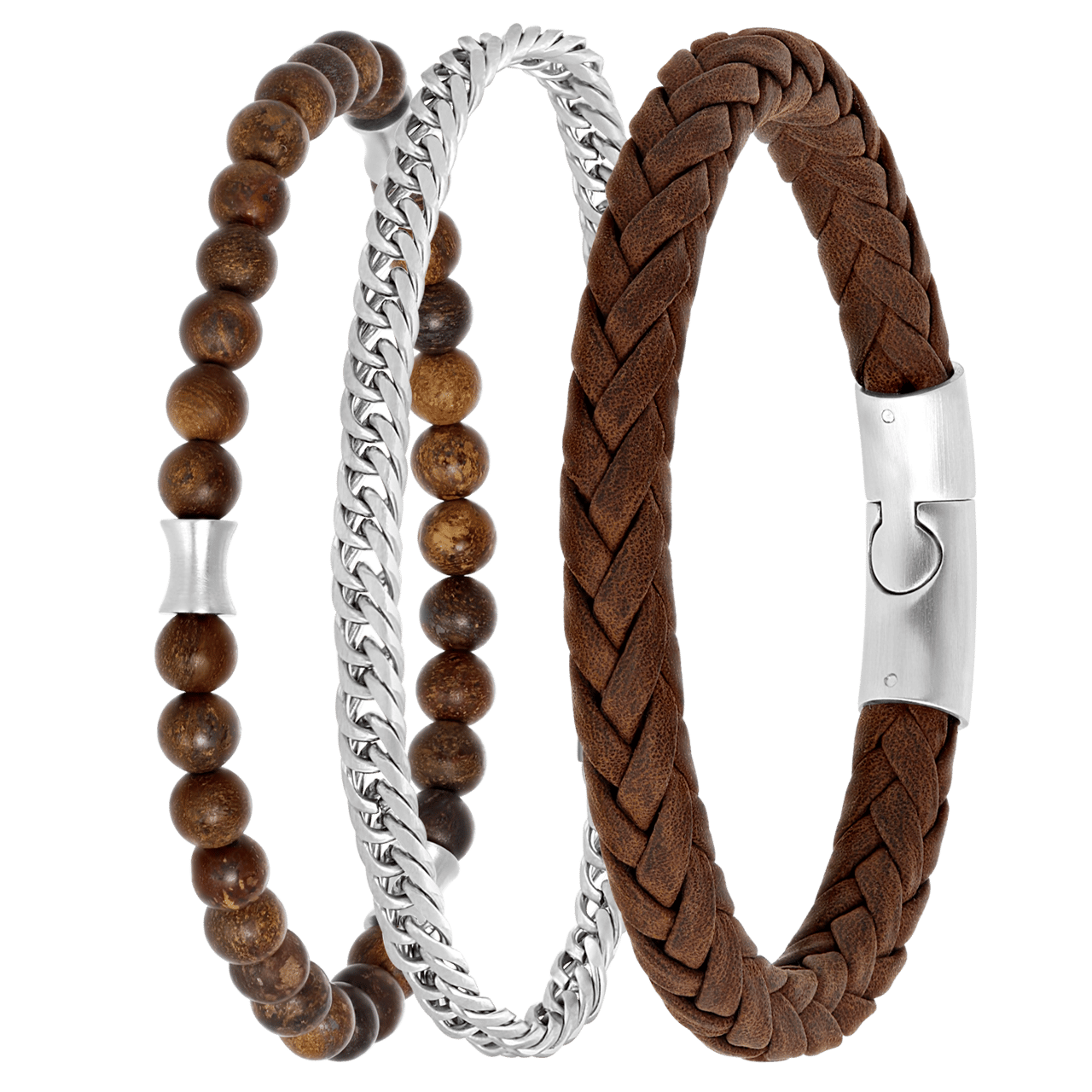 Gerecycled stalen set met drie herenarmbanden bruin