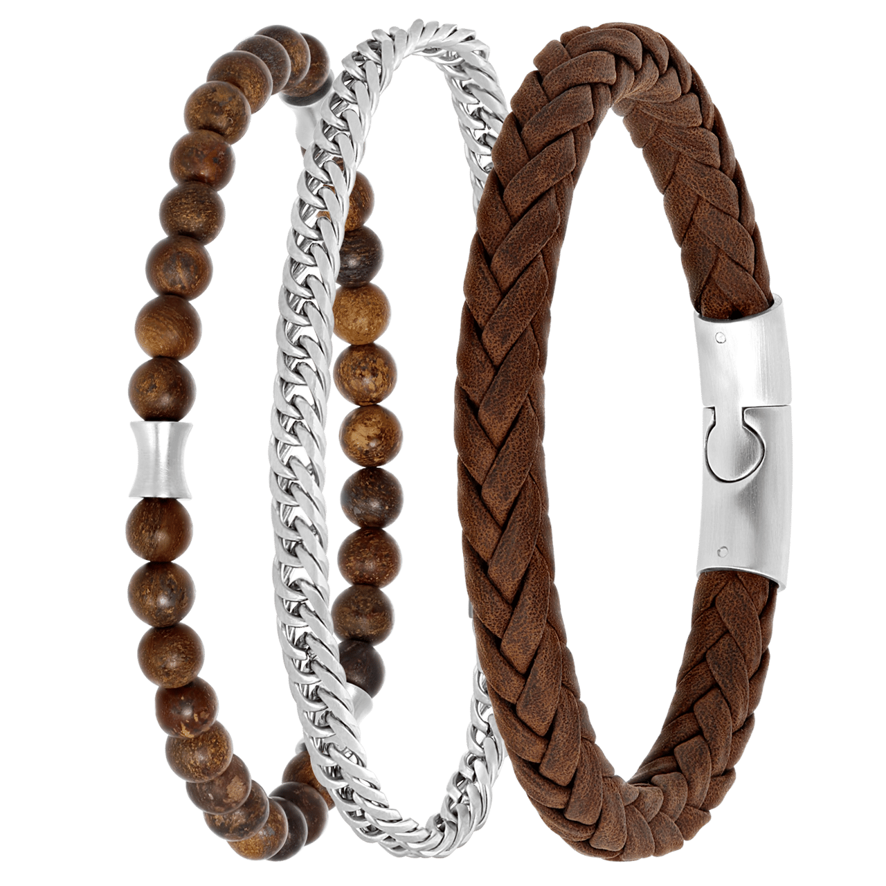 Gerecycleerd stainless steel set met drie herenarmbanden bruin