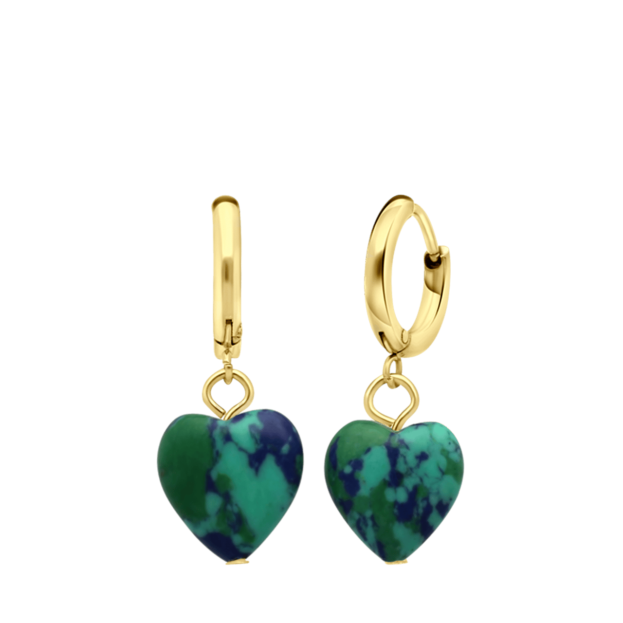 Stalen goldplated oorbellen met hart malachiet
