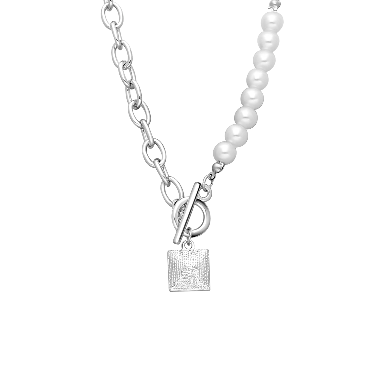 Zilverkleurige bijoux ketting met immitatie parels