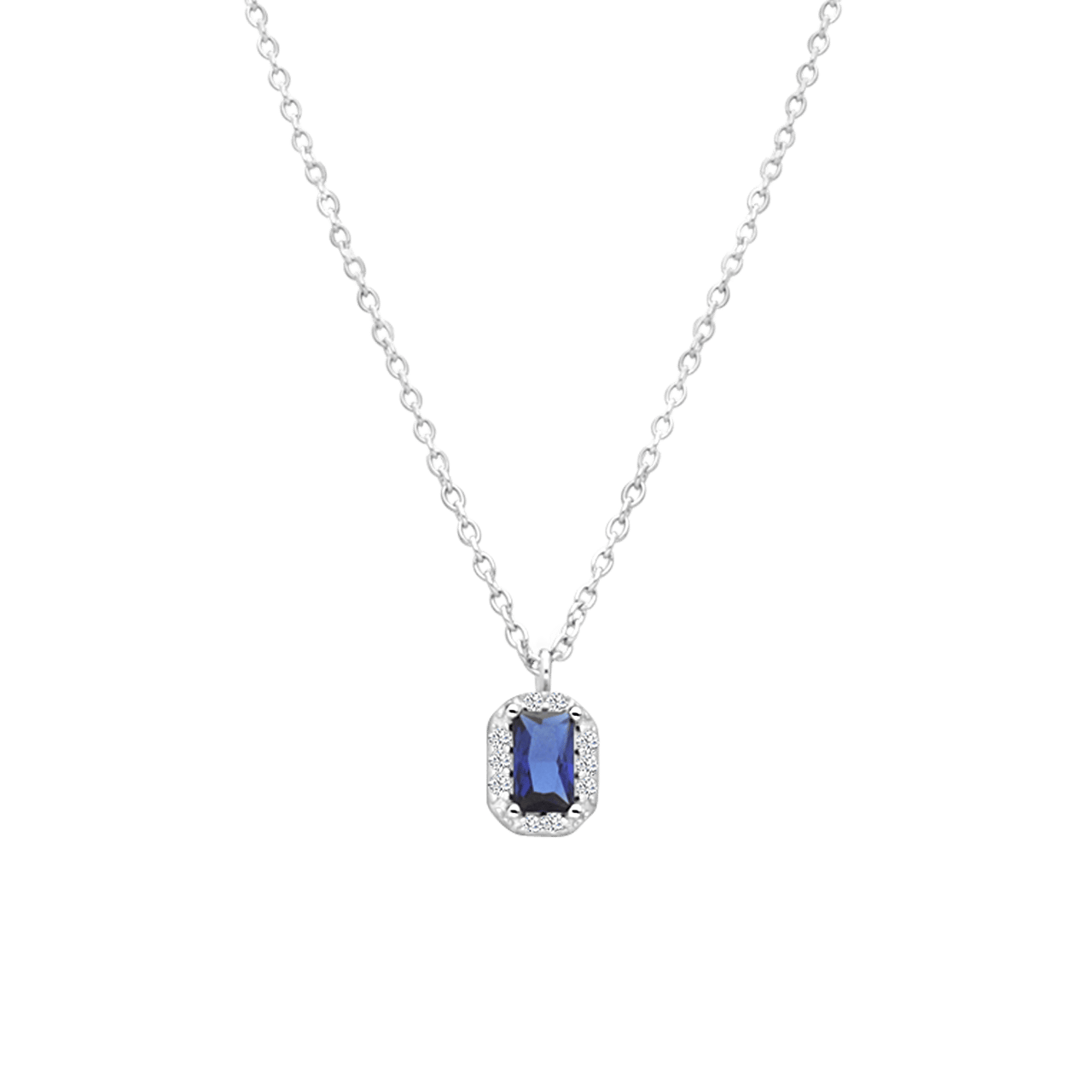Zilveren ketting hanger rechthoek zirkonia blauw