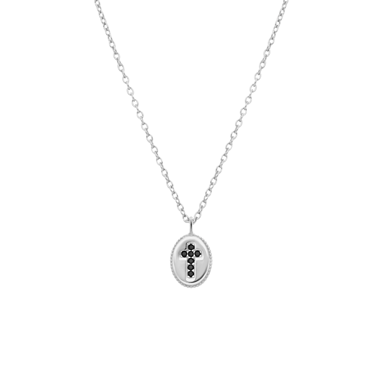 Halskette, 925 Silber, Anhänger, oval, Kreuz, Zirkonia, schwarz