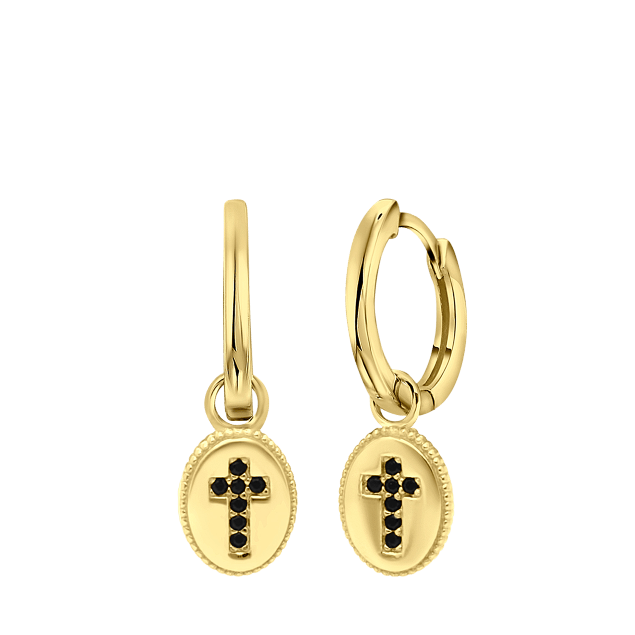Zilveren goldplated oorringen hanger ovaal kruis