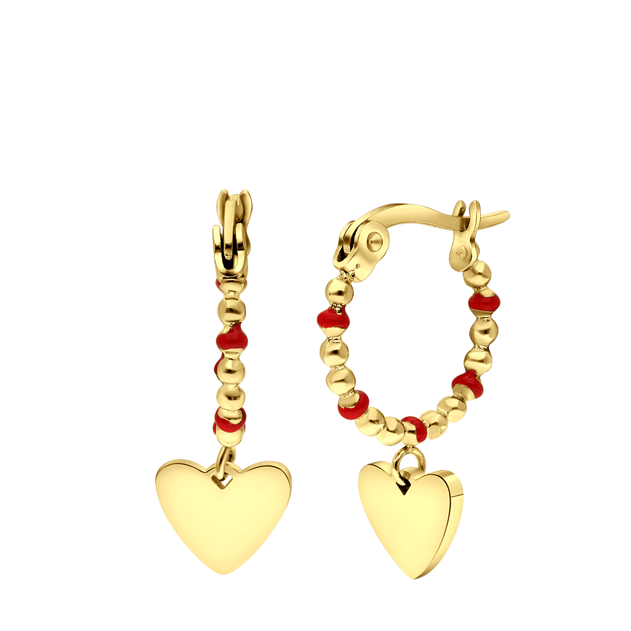 Stainless steel goldplated oorbellen met hanger hart rood