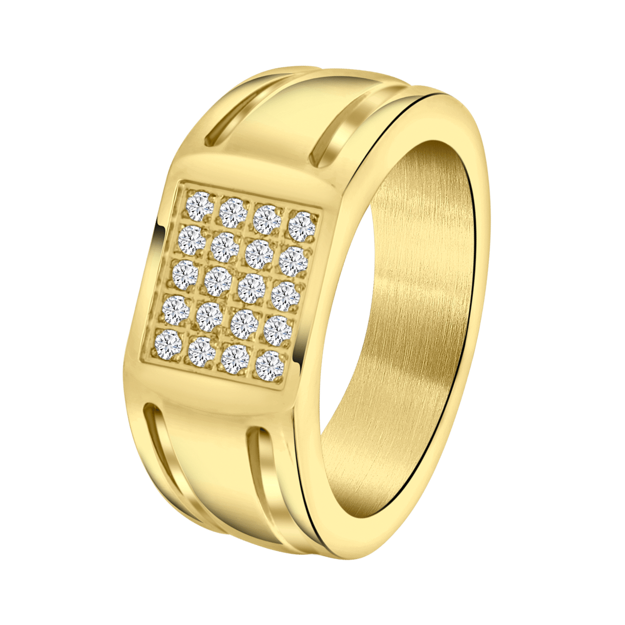 Gerecycleerd stainless steel goldplated heren zegelring met zirkonia
