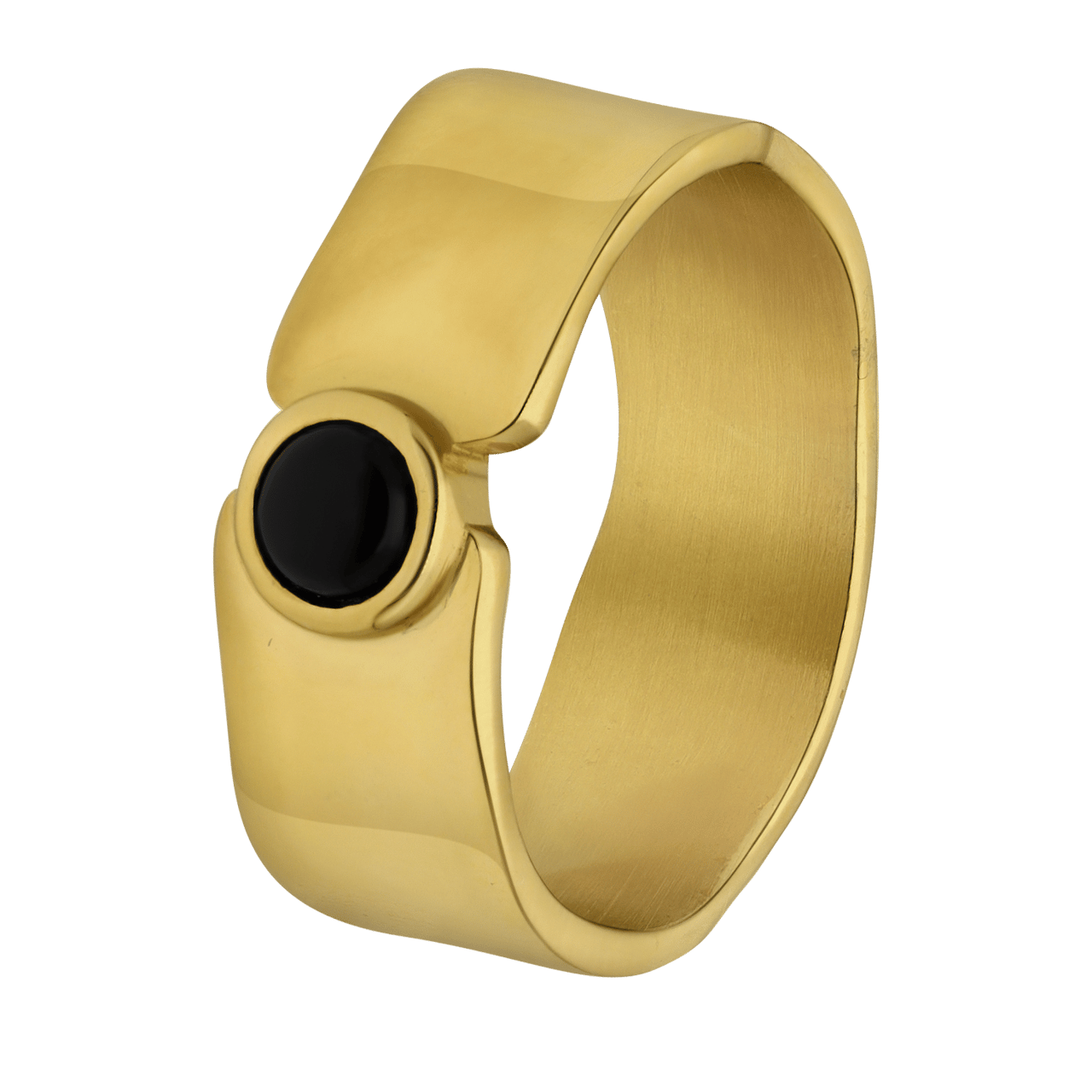 Gerecycled stalen goldplated ring breed met zwarte agaat