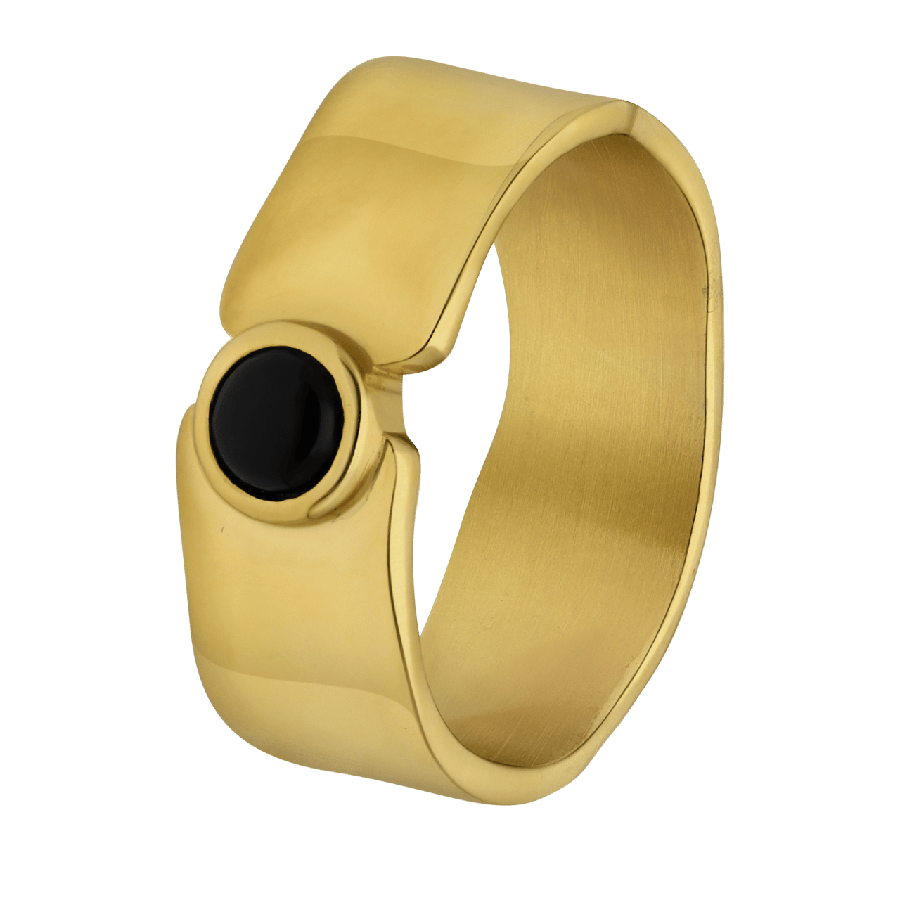 Gerecycleerd stainless steel goldplated ring breed met zwarte agaat