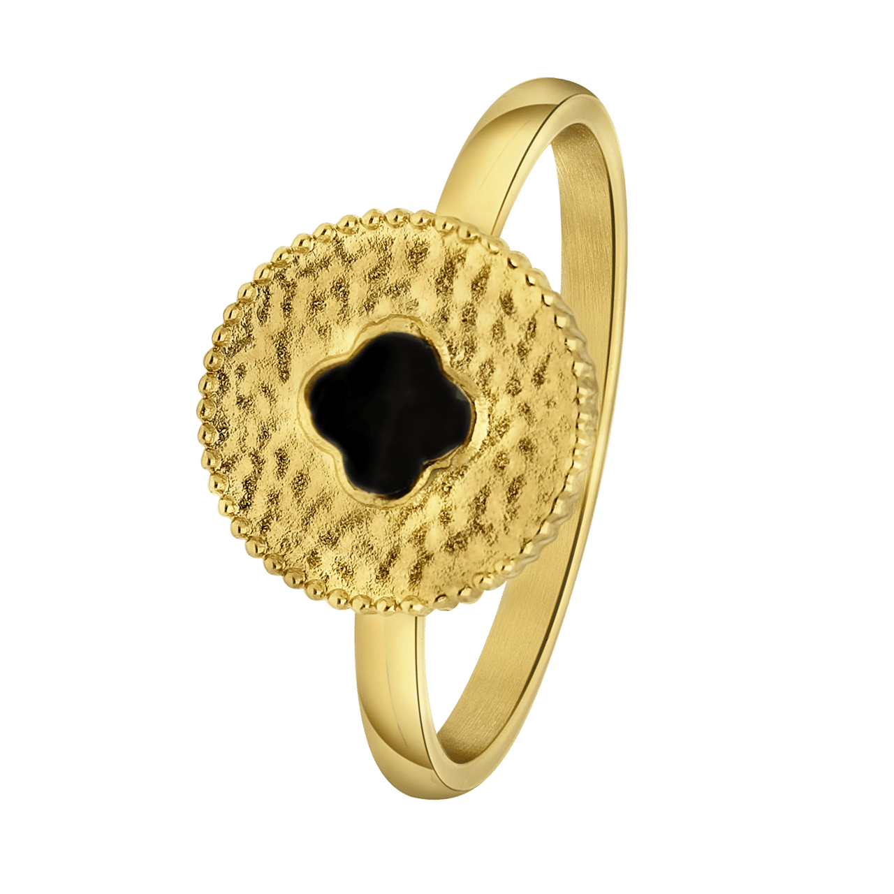 Gerecycleerd stainless steel goldplated ring met zwarte emaille