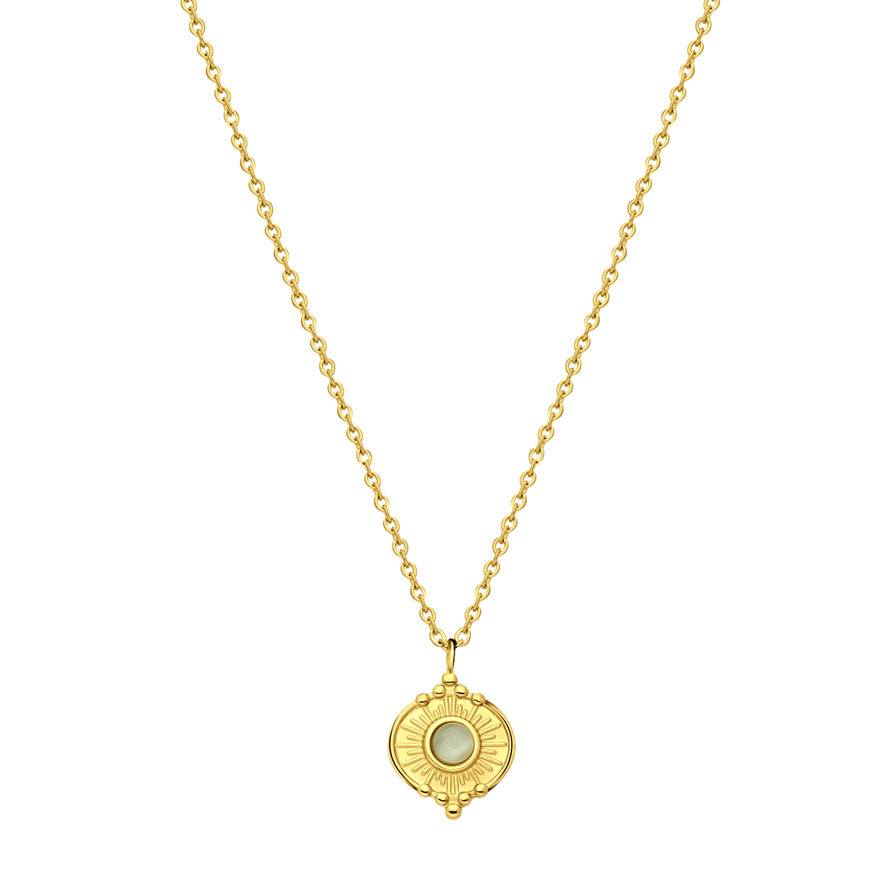 Stainless steel goldplated ketting met munt met cats eye voor dames