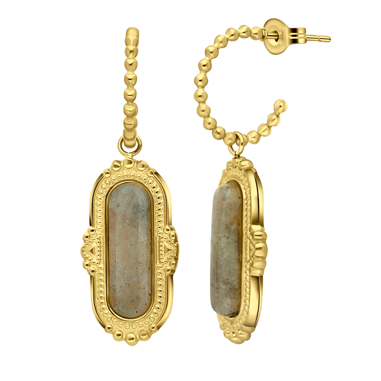 Stainless steel goldplated oorringen met hanger met cats eye voor dames